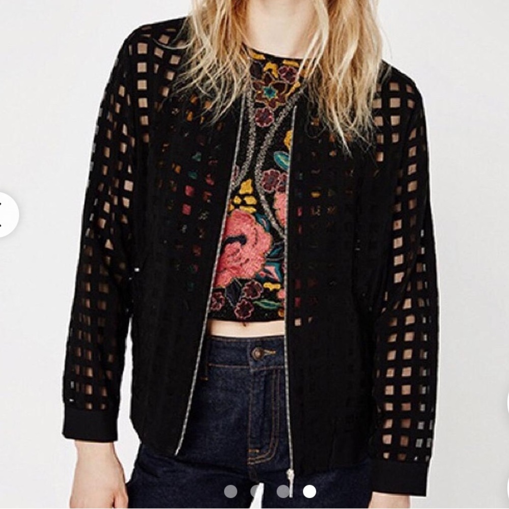 RARE! NWOT Zara Sheer Checkered Bomber Jacket / Cardigan - sz S, Black